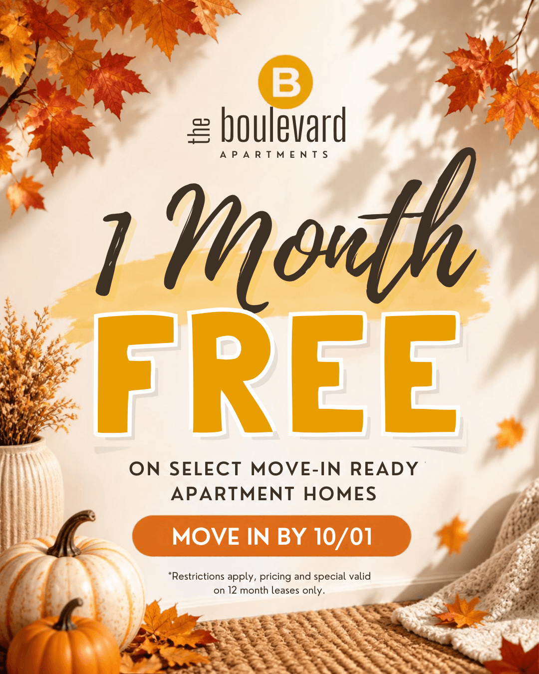 A promotional image for The Boulevard offering 2 weeks to 1 month free for apartment homes.